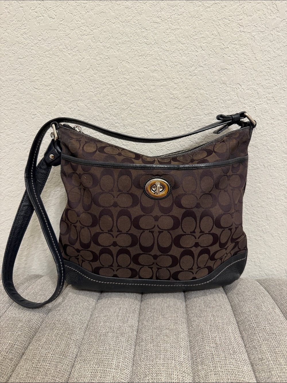 Coach Brown Signature Canvas Shoulder Bag with Black Leather Trim